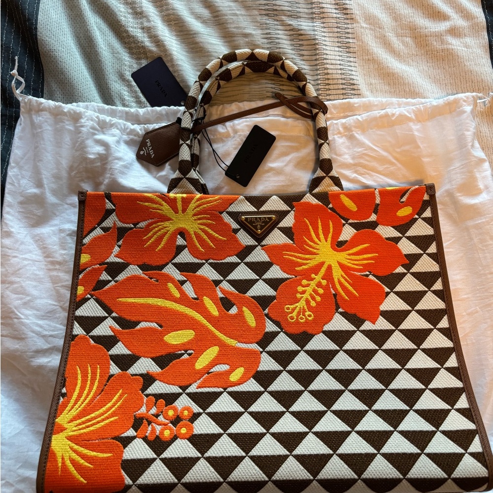 Prada Orange and Brown Geometric Floral Tote
